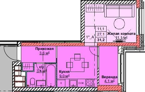 ЖК Каштановый двор, 1-комн кв 31,2 м2, за 7 144 800 ₽